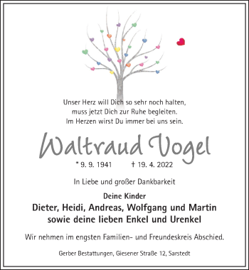 Traueranzeige von Waltraud Vogel von Hildesheimer Allgemeine Zeitung