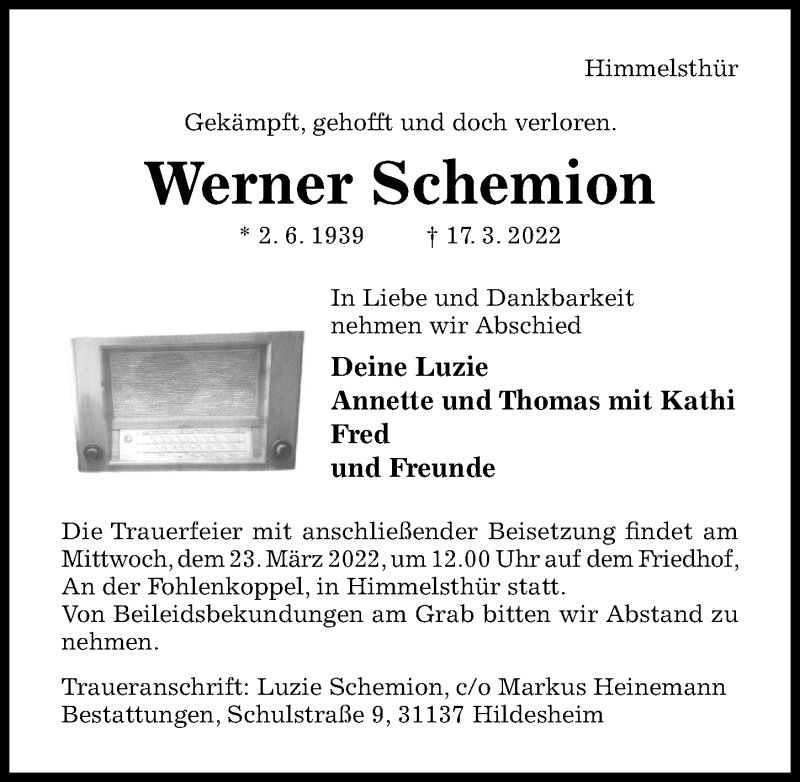  Traueranzeige für Werner Schemion vom 21.03.2022 aus Hildesheimer Allgemeine Zeitung