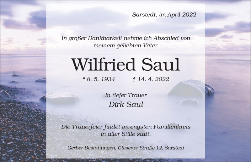  Traueranzeige für Wilfried Saul vom 21.04.2022 aus Hildesheimer Allgemeine Zeitung