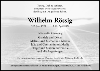 Traueranzeige von Wilhelm Rössig Rössig von Hildesheimer Allgemeine Zeitung