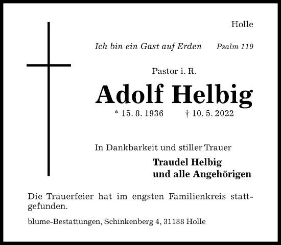 Traueranzeige von Adolf Helbig von Hildesheimer Allgemeine Zeitung