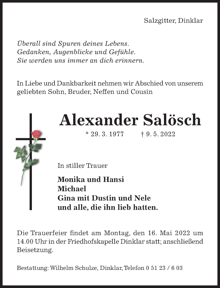  Traueranzeige für Alexander Salösch vom 14.05.2022 aus Hildesheimer Allgemeine Zeitung