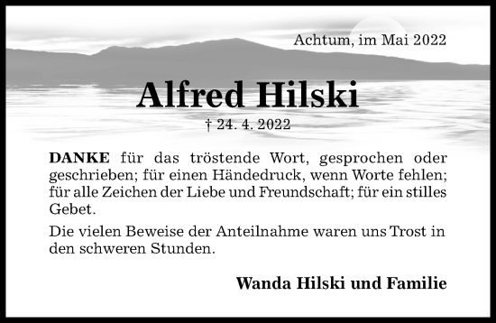 Traueranzeige von Alfred Hilski von Hildesheimer Allgemeine Zeitung