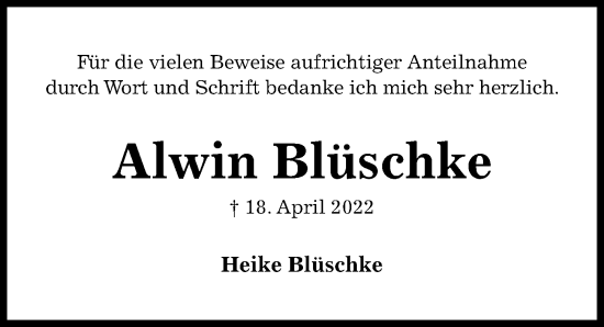 Traueranzeige von Alwin Blüschke von Hildesheimer Allgemeine Zeitung