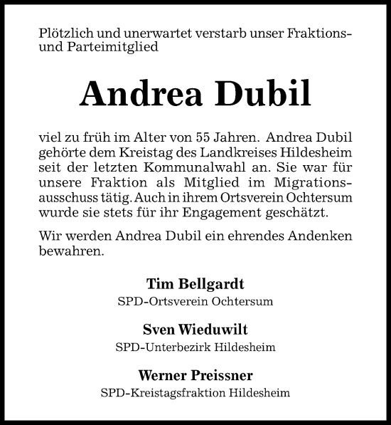 Traueranzeige von Andrea Dubil von Hildesheimer Allgemeine Zeitung