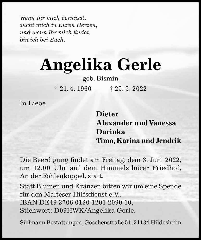  Traueranzeige für Angelika Gerle vom 31.05.2022 aus Hildesheimer Allgemeine Zeitung