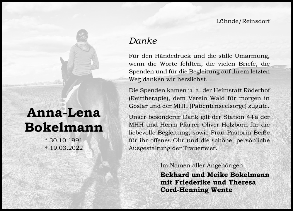  Traueranzeige für Anna-Lena Bokelmann vom 07.05.2022 aus Hildesheimer Allgemeine Zeitung
