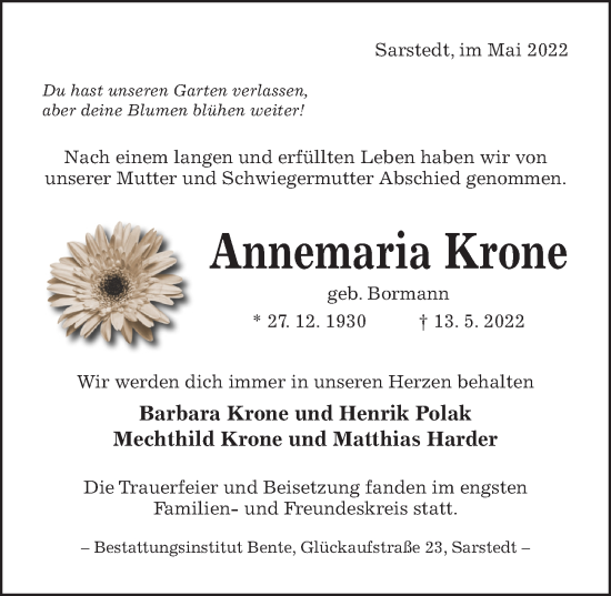 Traueranzeige von Annemaria Krone von Hildesheimer Allgemeine Zeitung