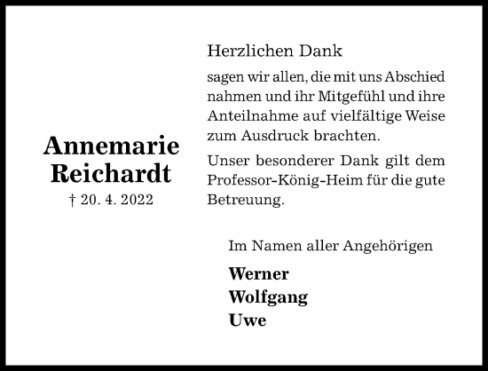 Traueranzeige von Annemarie Reichardt von Hildesheimer Allgemeine Zeitung
