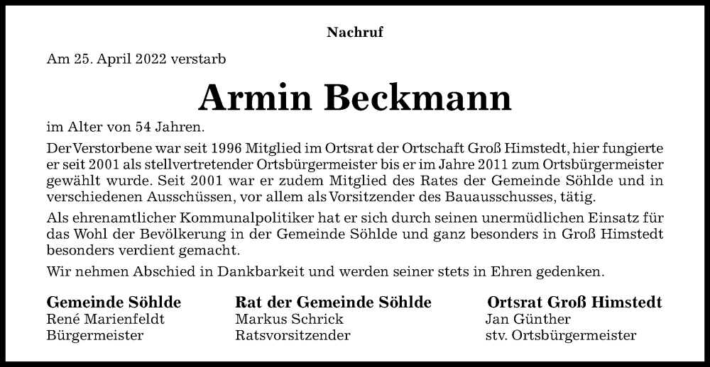  Traueranzeige für Armin Beckmann vom 30.04.2022 aus Hildesheimer Allgemeine Zeitung