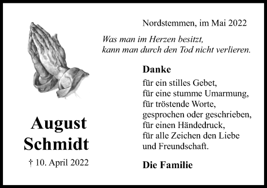 Traueranzeige von August Schmidt von Hildesheimer Allgemeine Zeitung