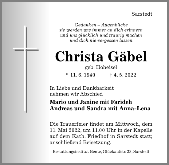 Traueranzeige von Christa Gäbel von Hildesheimer Allgemeine Zeitung