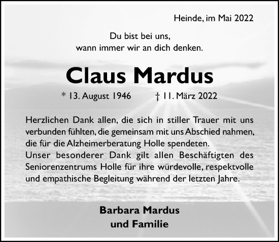 Traueranzeige von Claus Mardus von Hildesheimer Allgemeine Zeitung