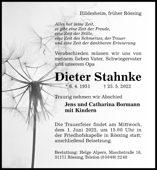 Traueranzeige von Dieter Stahnke von Hildesheimer Allgemeine Zeitung