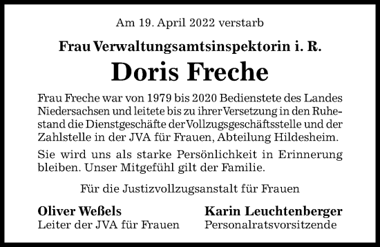 Traueranzeige von Doris Freche von Hildesheimer Allgemeine Zeitung