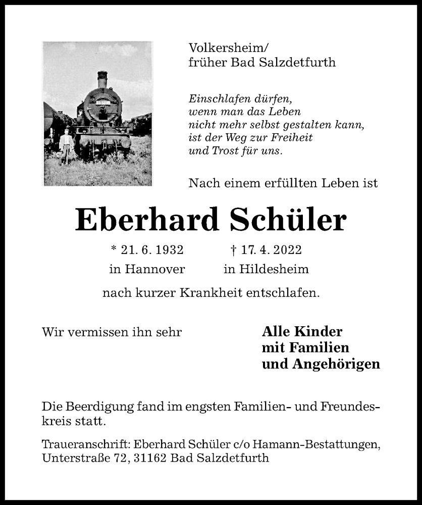  Traueranzeige für Eberhard Schüler vom 04.05.2022 aus Hildesheimer Allgemeine Zeitung
