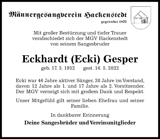 Traueranzeige von Eckhardt Gesper von Hildesheimer Allgemeine Zeitung