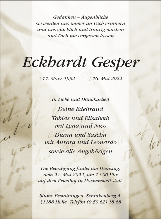 Traueranzeige von Eckhardt Gesper von Hildesheimer Allgemeine Zeitung