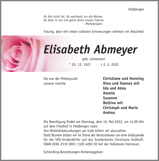 Traueranzeige von Elisabeth Abmeyer von Hildesheimer Allgemeine Zeitung