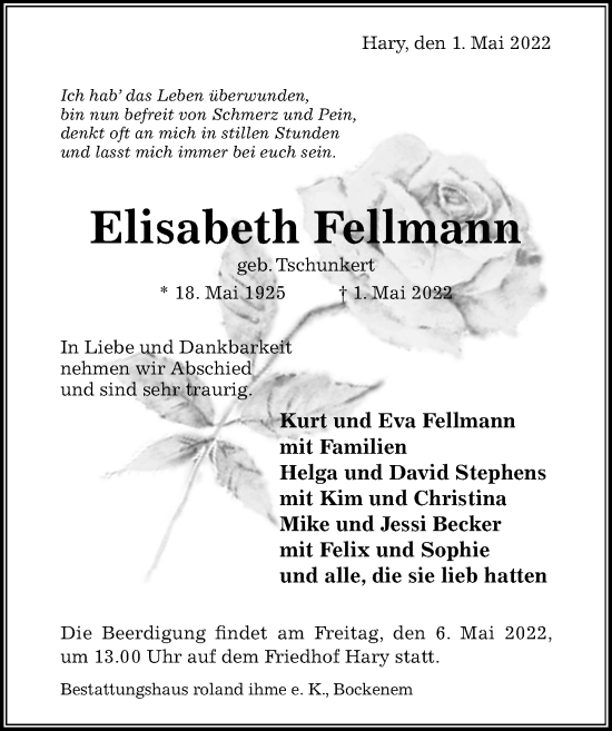 Traueranzeige von Elisabeth Fellmann von Hildesheimer Allgemeine Zeitung