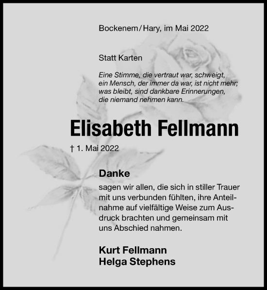 Traueranzeige von Elisabeth Fellmann von Hildesheimer Allgemeine Zeitung