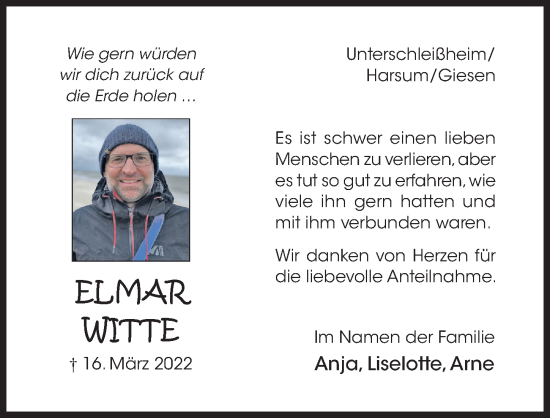 Traueranzeige von Elmar Witte von Hildesheimer Allgemeine Zeitung