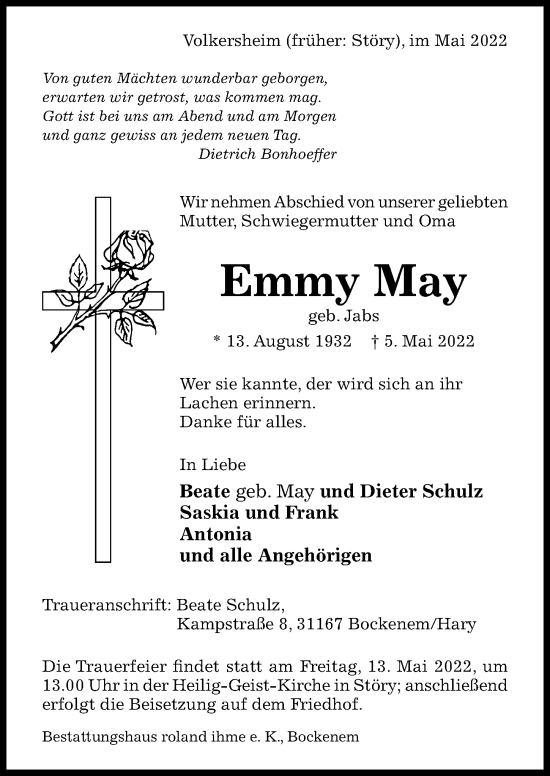 Traueranzeige von Emmy May von Hildesheimer Allgemeine Zeitung