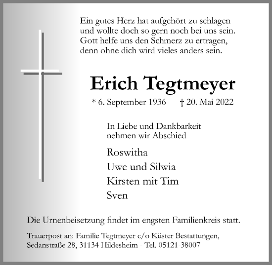 Traueranzeige von Erich Tegtmeyer von Hildesheimer Allgemeine Zeitung