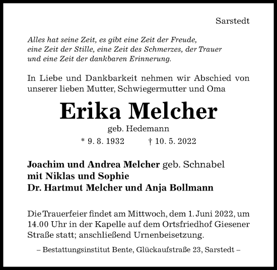 Traueranzeige von Erika Melcher von Hildesheimer Allgemeine Zeitung