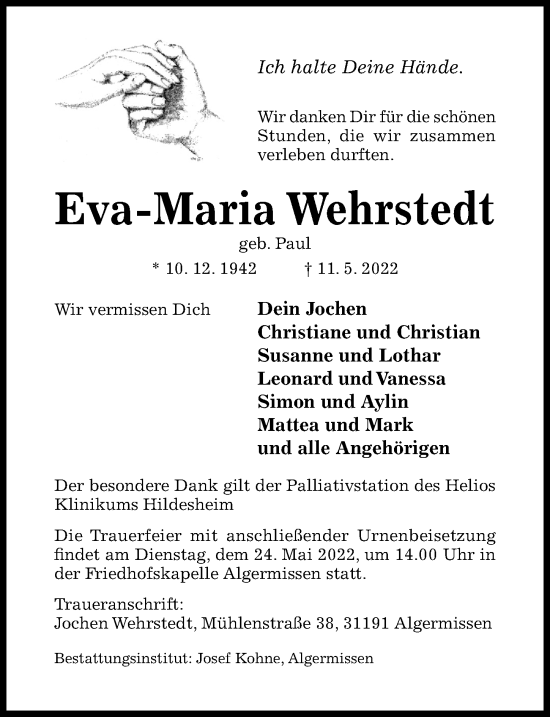 Traueranzeige von Eva-Maria Wehrstedt von Hildesheimer Allgemeine Zeitung