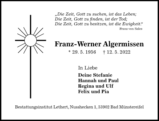 Traueranzeige von Franz-Werner Algermissen von Hildesheimer Allgemeine Zeitung