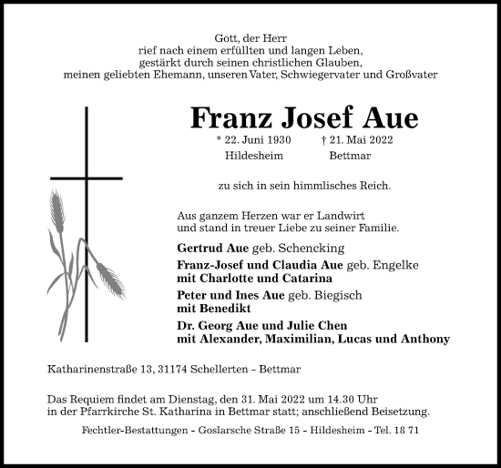 Traueranzeige von Franz Josef Aue von Hildesheimer Allgemeine Zeitung