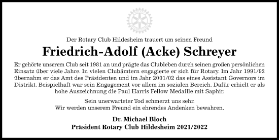Traueranzeige von Friedrich-Adolf Schreyer von Hildesheimer Allgemeine Zeitung