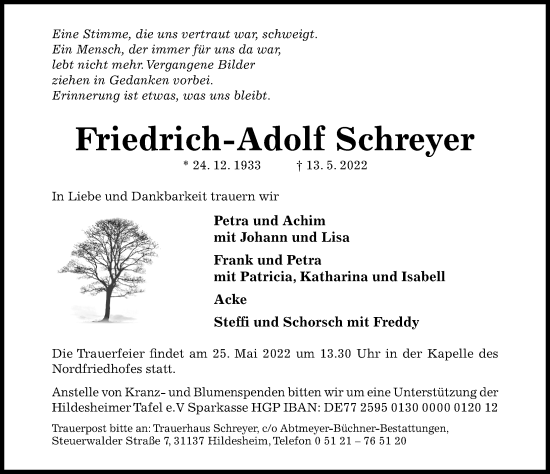 Traueranzeige von Friedrich-Adolf Schreyer von Hildesheimer Allgemeine Zeitung
