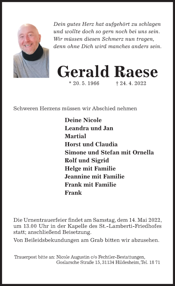 Traueranzeige für Gerald Raese vom 04.05.2022 aus Hildesheimer Allgemeine Zeitung