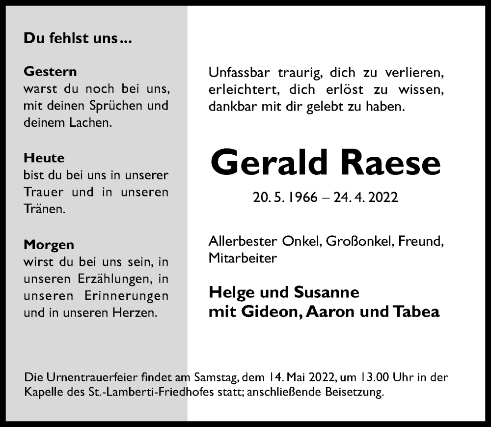  Traueranzeige für Gerald Raese vom 07.05.2022 aus Hildesheimer Allgemeine Zeitung