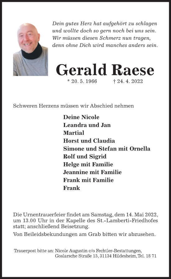 Traueranzeige von Gerald Raese von Hildesheimer Allgemeine Zeitung