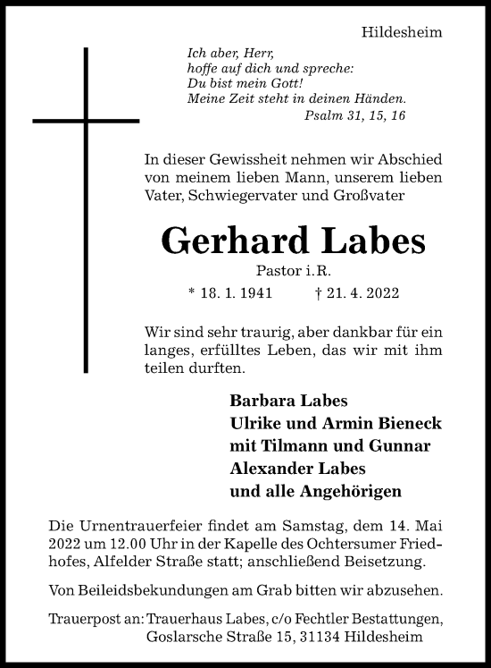 Traueranzeige von Gerhard Labes von Hildesheimer Allgemeine Zeitung