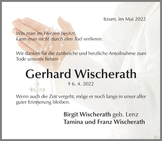 Traueranzeige von Gerhard Wischerath von Hildesheimer Allgemeine Zeitung