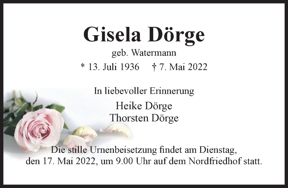  Traueranzeige für Gisela Dörge vom 11.05.2022 aus Hildesheimer Allgemeine Zeitung