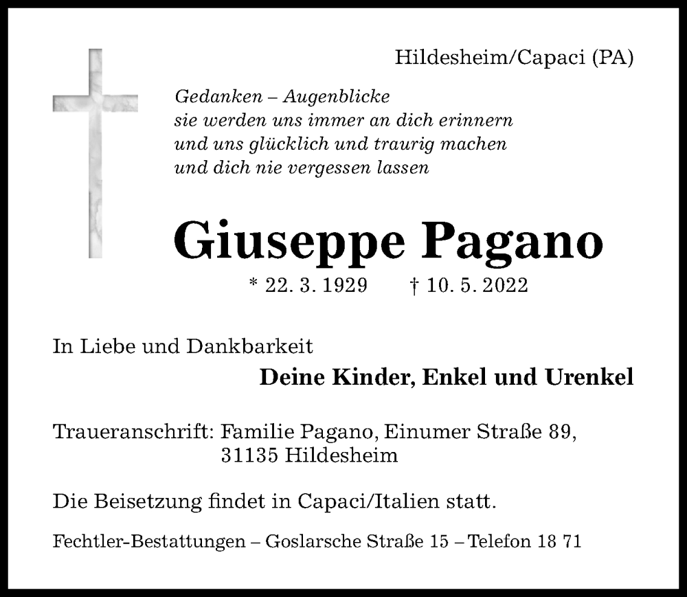  Traueranzeige für Giuseppe Pagano vom 12.05.2022 aus Hildesheimer Allgemeine Zeitung