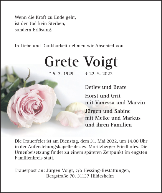 Traueranzeige von Grete Voigt von Hildesheimer Allgemeine Zeitung