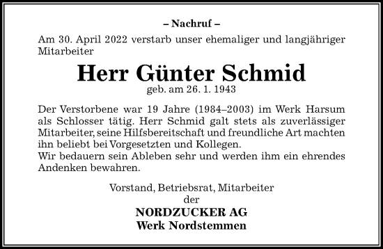 Traueranzeige von Günter Schmid von Hildesheimer Allgemeine Zeitung