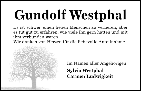 Traueranzeige von Gundolf Westphal von Hildesheimer Allgemeine Zeitung