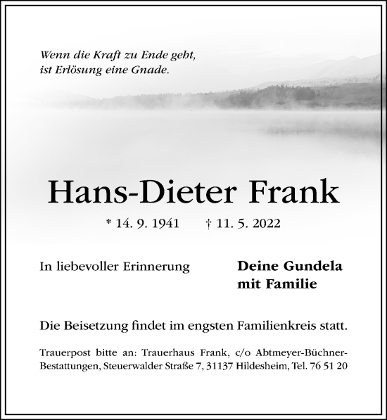 Traueranzeige von Hans-Dieter Frank von Hildesheimer Allgemeine Zeitung