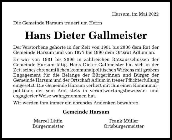 Traueranzeige von Hans Dieter Gallmeister von Hildesheimer Allgemeine Zeitung