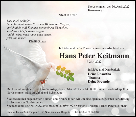 Traueranzeige von Hans Peter Keitmann von Hildesheimer Allgemeine Zeitung
