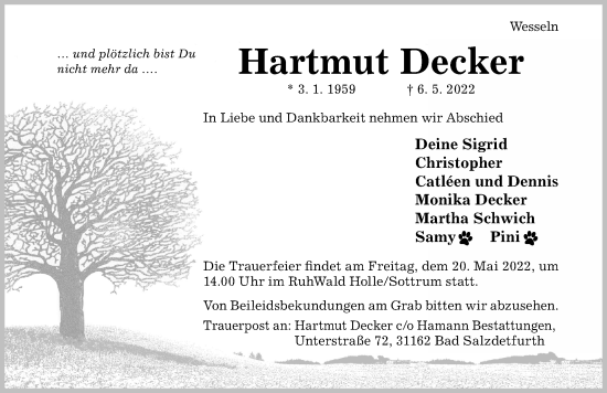 Traueranzeige von Hartmut Decker von Hildesheimer Allgemeine Zeitung