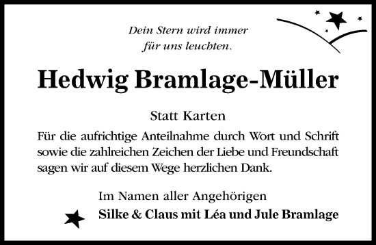 Traueranzeige von Hedwig Bramlage-Müller von Hildesheimer Allgemeine Zeitung