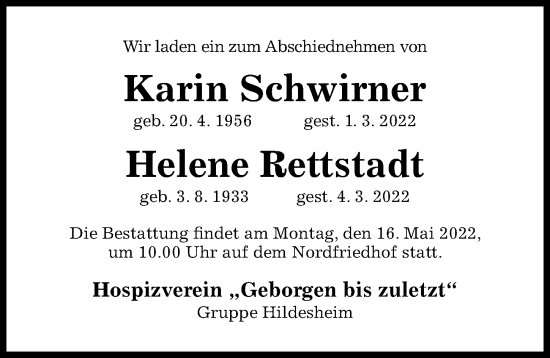 Traueranzeige von Helene Rettstadt von Hildesheimer Allgemeine Zeitung